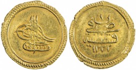 TURKEY: Mustafa IV, 1807-1808, AV sultani (3.20g), Kostantiniye, AH1222 year 1, KM-546, UNC

Estimate: USD 240-300