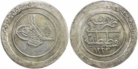 TURKEY: Mahmud II, 1808-1839, AR 5 piastres (29.27g), Kostantiniye, AH1223 year 5, KM-564, bold strike, EF-AU.

Estimate: USD 100-130