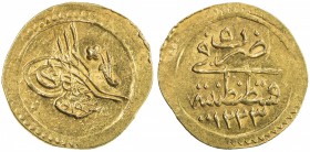 TURKEY: Mahmud II, 1808-1839, AV ¼ zeri mahbub (0.82g), Kostantiniye, AH1223 year 5, KM-605, UNC

Estimate: USD 240-300