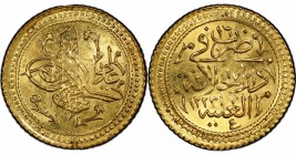 TURKEY: Mahmud II, 1808-1839, AV surre altin (1.59g), Dar al-Khilafa, AH1223 year 16, KM-621, el-aliya series, lustrous bold strike, PCGS graded MS64,...