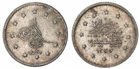 TURKEY: Abdul Aziz, 1861-1876, AR kurush, Kostantiniye, AH1277 year 7, KM-689, light hairlines, attractive light tone, key date, AU

Estimate: USD 3...