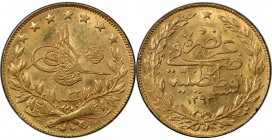 TURKEY: Abdul Hamid II, 1876-1909, AV 100 kurush, Kostantiniye, AH1293 year 32, KM-730, PCGS graded MS63.

Estimate: USD 300-350
