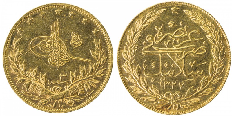 TURKEY: Mehmet V, 1909-1918, AV 100 kurush, Salanik (Thessalonica), AH1327 year ...