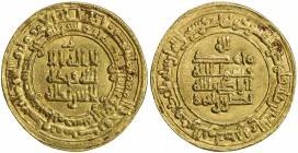SAMANID: Nasr II, 914-943, AV dinar (4.32g), Nishapur, AH324, A-1449, citing the engraver Ba-Harith above the word qabl in the outer obverse margin, c...