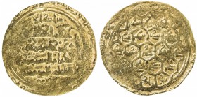 GREAT SELJUQ: Sanjar, 1118-1157, pale AV dinar (2.44g), MM, DM, A-1687B, obverse field in 19 hexagons, 16 with sanjar, the other 3 with ibn / malik / ...