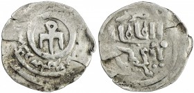 GREAT MONGOLS: Anonymous, AR dirham (2.16g), [Imil], ND, A-P1979, cf. Zeno-185774, trident tamgha with even shoulders, stylized "Arabic " around // al...
