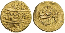 ZAND: Karim Khan, 1753-1779, AV mohur (10.75g), Kirman, AH(11)74, A-2787, type B, with mint epithet Dar al-Iman, and with the standard couplet on the ...