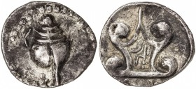 HAMSAVATI: AR 88 ratti (9.09g), 6th century, Mahlo-23.1, narrow conch shell, with crescent-like symbol to the left // srivatsa, simplified ankusa & cr...