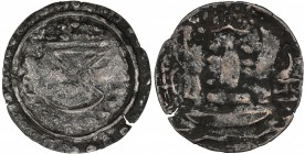 SRIKSHETRA: silver-washed AE unit (8.10g), probably late 6th century, Mahlo-13.6, bhadrapitha, 5 lamps above // srivatsa, celestial symbols above, wor...