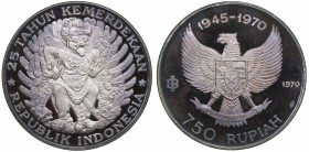 INDONESIA: AR 750 rupiah, 1970, KM-26, 25th Anniversary of Independence, Garuda bird, lovely deep toning, mintage of 750, in original red box of issue...
