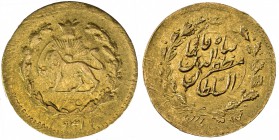 IRAN: Muzaffar al-Din Shah, 1896-1907, AV 2000 dinars, Tehran, AH1319, KM-986, Kian-115, gold mule featuring the lion and sun design on the obverse wi...