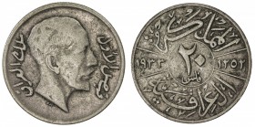 IRAQ: Faisal I, 1921-1933, AR 20 fils, 1933/AH1252, KM-99, die engraver's error: the Hijri date 1252 instead of 1352, F-VF, R. 

Estimate: USD 1000-...