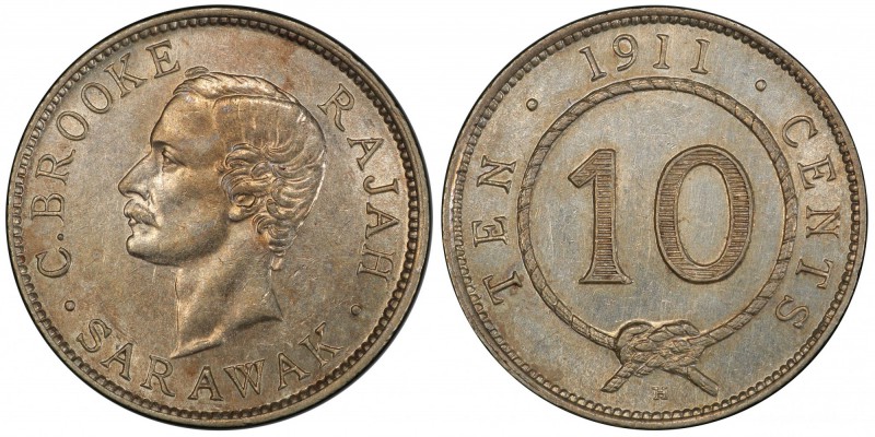 SARAWAK: Charles J. Brooke, 1868-1917, AR 10 cents, 1911-H, KM-8, SS-13, PCGS gr...