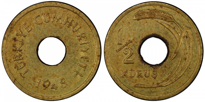 TURKEY: Republic, brass ½ kurush pattern, 1948, KM-884, a rare type with a repor...