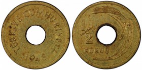TURKEY: Republic, brass ½ kurush pattern, 1948, KM-884, a rare type with a reported mintage of only 150 pieces and never released into circulation, PC...