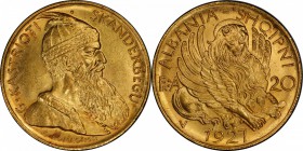 ALBANIA: Amet Zogu, 1925-1939, AV 20 frangi ari, Vienna, 1927-V, KM-12, Prince George Kastrioti "Skanderbeg " // winged lion, mintage of only 5,053 pi...