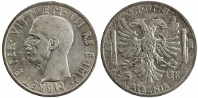 ALBANIA (ITALIAN OCCUPATION): Vittorio Emanuele, 1939-1942, AR 5 lek, 1939-R, KM-33, choice EF.

Estimate: USD 60-75