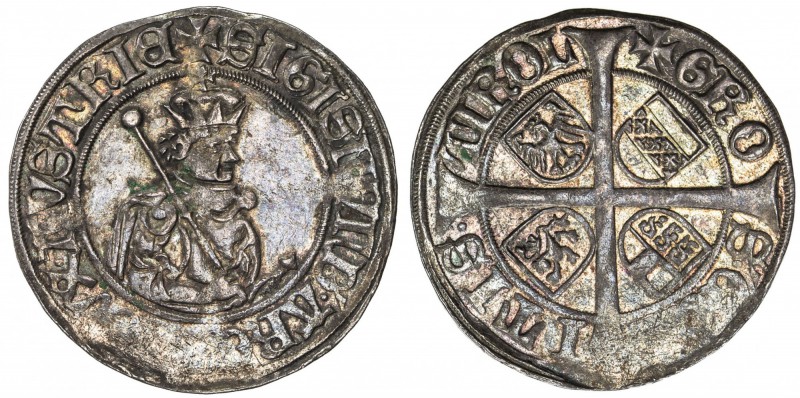 TIROL: Sigismund, 1439-1496, AR 6 kreuzer (sechser), Hall, Saurma-818, crowned b...