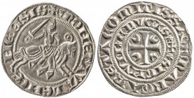 HAINAUT: Margaretha van Constantinopel, 1244-1280, AR 2/3 gros (2.73g), Valenciennes, Vanhoudt-G435, knight on horseback, holding sword // central cro...