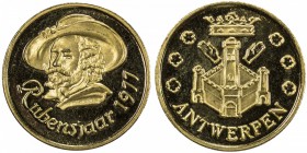 BELGIUM: Baudouin, 1951-1993, medallic AV 20 franc (6.45g), 1977, International Rubens Year gold medalette by Macken, RUBENSJAAR 1977 below bust of th...