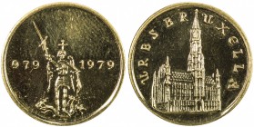 BELGIUM: Baudouin, 1951-1993, medallic AV 20 franc (6.45g), 1979, KM-X21, Brussel-Bruxelles Millennium gold medalette by J.Wiener / Brunet, Saint Mich...