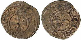 KINGDOM OF JERUSALEM: Henri de Champagne, 1192-1197, AE pougeoise (1.13g), CCS-33, COMES HENRICVS, cross pattée // PVGES D'ACCON, fleur-de-lis, couple...