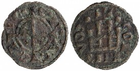 LATIN PRINCIPALITY OF ACHAIA: Guillaume II Villehardouin, 1246-1278, AE denier (0.76g), Corinth, CCS-3, G.P.ACCAIE around long cross // fortified cast...
