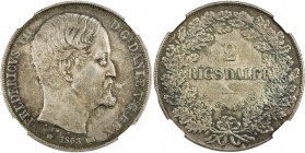 DENMARK: Frederik VII, 1848-1863, AR 2 rigsdaler, Copenhagen, 1863 RH, KM-761.3, moderately rare overdate, 1863 over 1853, with very light surface hai...