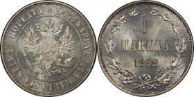 FINLAND: Nicholas II, 1894-1917, AR markka, 1892, KM-3.2, mintmaster L, fantastic quality for this date! PCGS graded MS66.

Estimate: USD 100-150
