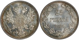 FINLAND: Nicholas II, 1894-1917, AR 25 pennia, 1894, KM-6.2, mintmaster L, superb quality for this year! PCGS graded MS66.

Estimate: USD 100-150