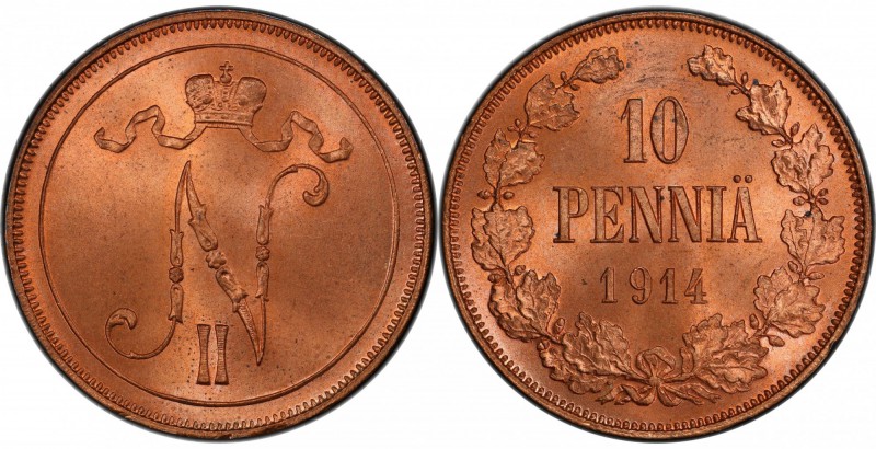 FINLAND: Nicholas II, 1894-1917, AE 10 pennia, 1914, KM-14, brilliant red luster...