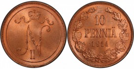 FINLAND: Nicholas II, 1894-1917, AE 10 pennia, 1914, KM-14, brilliant red luster, a gorgeous example! PCGS graded MS66 RD.

Estimate: USD 75-100