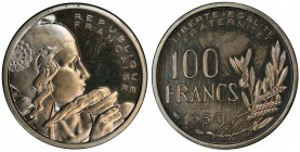 FRANCE: Fourth Republic, 100 francs, 1954, KM-PE323, GEM-230.EP1, Mazard-2769a, piefort essai of KM-919.1, mintage of only 104 pieces, PCGS graded Spe...