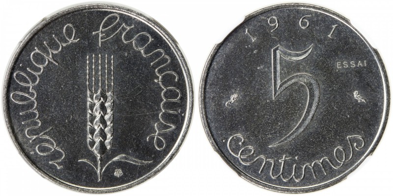 FRANCE: Fifth Republic, 5 centimes, 1961, KM-PE334, GEM-21.EP, piefort essai of ...