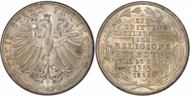 FRANKFURT: Free Imperial City, AR 2 gulden, 1855, KM-533, 300th Anniversary of Religious Peace, a lovely example! PCGS graded MS64.

Estimate: USD 2...