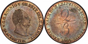 HANOVER: Wilhelm IV, 1830-1837, AR 2/3 thaler, 1834-A, KM-161.1, one-year sub-type, appears to mint state with contact marks, attractive multicolored ...