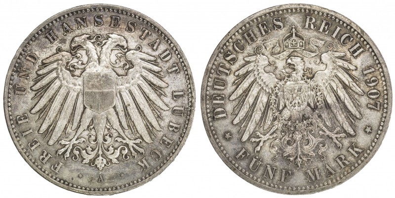 LÜBECK: AR 5 mark, 1907-A, KM-213, Jaeger-83, toned, mintage of only 10,000 piec...