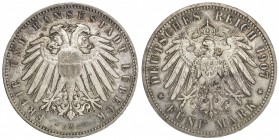 LÜBECK: AR 5 mark, 1907-A, KM-213, Jaeger-83, toned, mintage of only 10,000 pieces, AU, S. 

Estimate: USD 325-425