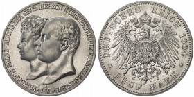 MECKLENBURG-SCHWERIN: Friedrich Franz IV, 1897-1918, AR 5 mark, 1904-A, KM-334, Friedrich Franz IV Wedding, EF-AU.

Estimate: USD 100-140