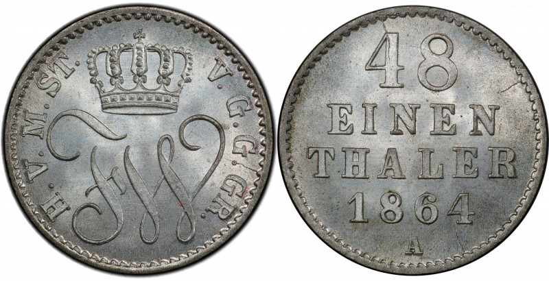 MECKLENBURG-STRELITZ: Friedrich Wilhelm, 1860-1904, AR 1/48 thaler, 1864-A, KM-8...