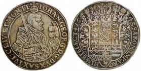 SAXONY: Johann Georg I, 1615-1656, AR thaler, 1645, KM-425, Dav-7612, Schnee-845, initials CR, tiny reverse flan flaw, well-centered and well struck, ...
