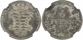 SAXE-GOTHA-ALTENBURG: Friedrich III, 1732-1772, BI 6 pfennig, 1758-LCK, KM-288, Cr-14, beautiful light tone on mark-free surfaces, the only piece so f...