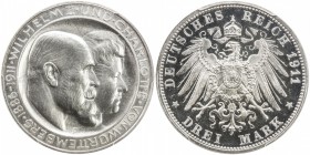 WÜRTTEMBERG: Wihelm II, 1891-1918, AR 3 mark, 1911-F, KM-636, Jaeger-177a, Silver Wedding Anniversary, a lovely example! PCGS graded Proof 67 DCAM.
...