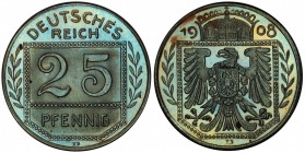 GERMANY: Kaiserreich, copper-nickel 25 pfennig, 1908-D, KM-Pn133, Sch-18/G30, pattern by K. Goetz: "25 " within dotted border, denomination below // s...