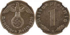 GERMANY: Third Reich, AE reichspfennig, 1936-E, KM-89, Swastika issue, key date/mintmark, NGC graded AU58 BN.

Estimate: USD 80-120