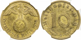 GERMANY: Third Reich, 10 reichspfennig, 1936-G, KM-92, Swastika issue, better date/mintmark, NGC graded AU55.

Estimate: USD 120-160