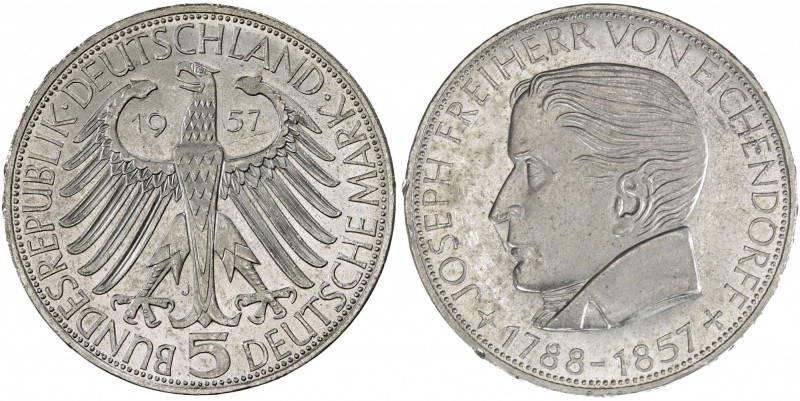 GERMANY: Bundesrepublik, AR 5 mark, 1957-J, KM-117, Centenary of Death of Joseph...