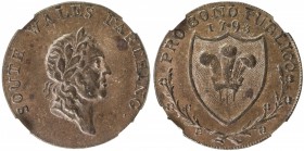 GREAT BRITAIN: AE farthing token, 1793, D&H-27a, SOUTH WALES FARTHING, laureate bust facing right // The Prince of Wale’s crest on shield, between spr...