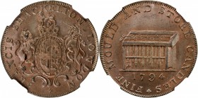 GREAT BRITAIN: AE halfpenny token, 1794, D&H-477, FRANCIS SHACKELTON LONDON, Royal Arms and crest, legend around // a candle mold, FINE MOULD AND STOR...