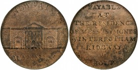 GREAT BRITAIN: AE halfpenny token, 1794, D&H-393, NEWGATE / MDCCXCIV, front view of prison, gratings over the side doors have cross bars as well as up...
